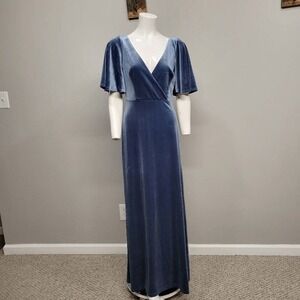 Ever-Pretty Velvet Maxi Gown Small Dusty Blue Empire Waist Deep V Flutter Sleeve